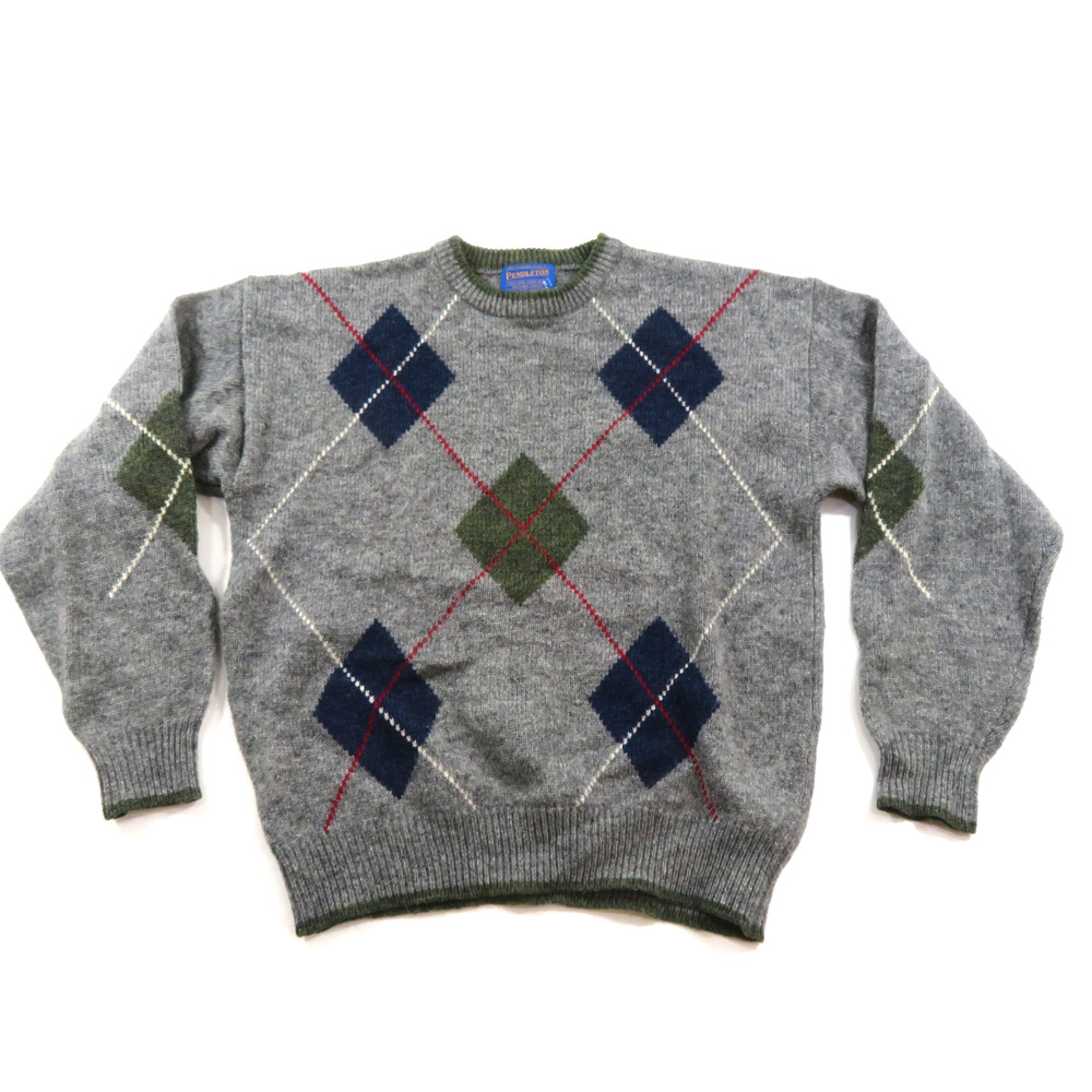 Pendleton Diamond Pattern Wool Gray Blue Green Sweater M Knit Pullover